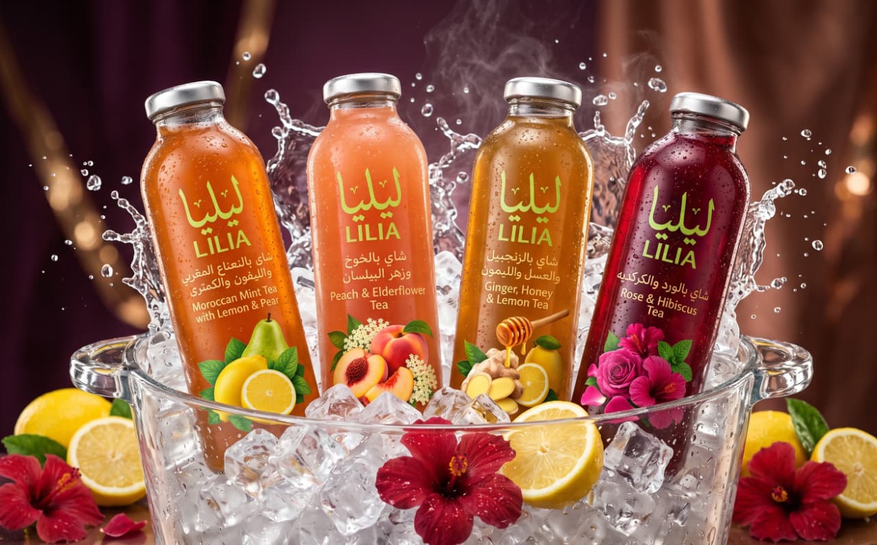 The four LILIA flavours in clear glass bottles with gold caps